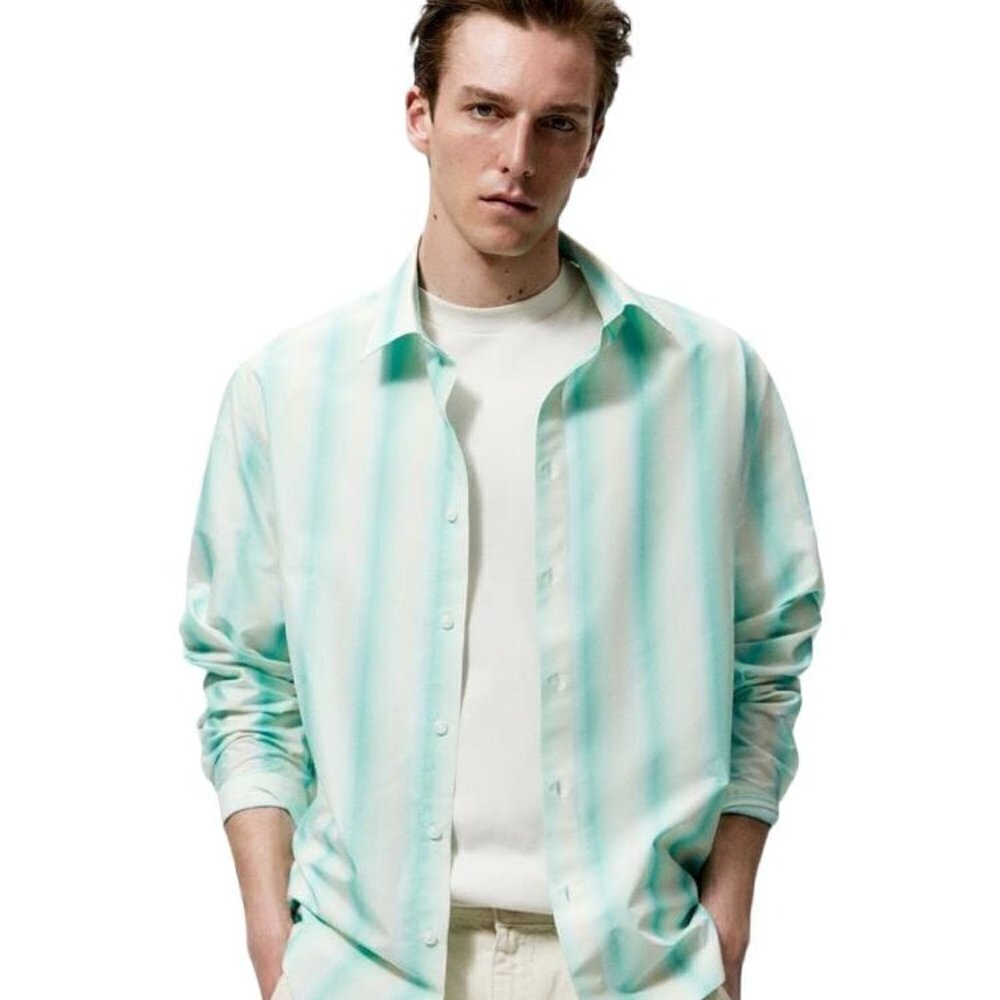 ZARA STRIPED SHIRT WATER GREEN SIZE M | 4309/730/512